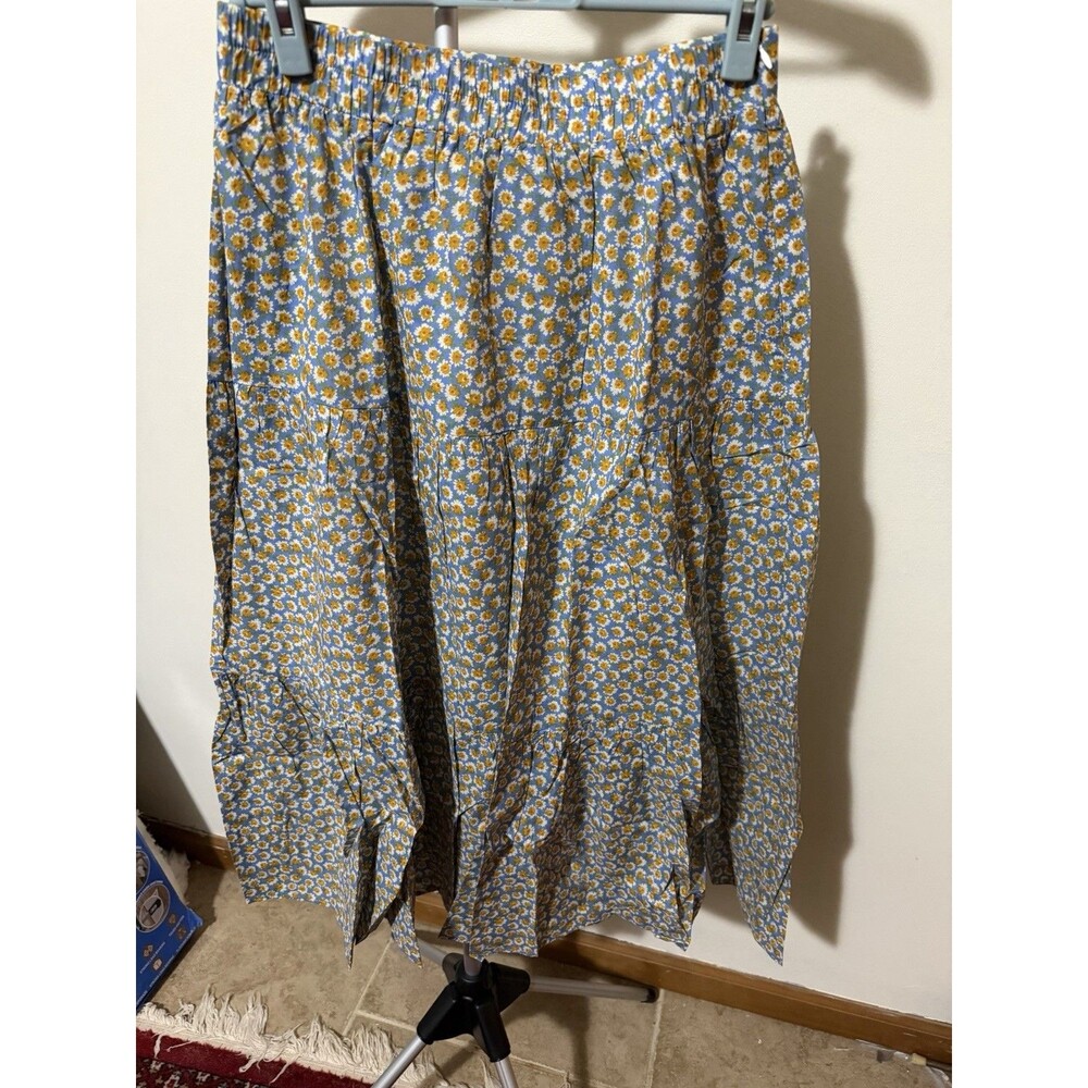 Tulip Womens L Blue White Yellow Floral Pleated A-Line Midi Skirt